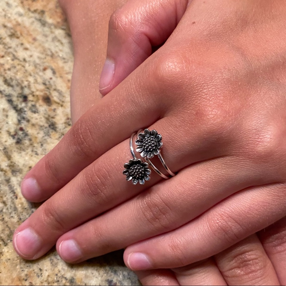 Clearance $22, Sterling Silver Adjustable Double Sunflower Ring - Picture 8 of 16